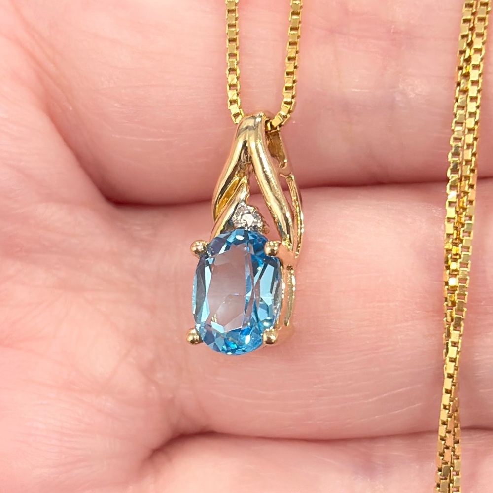 10K Blue Topaz Diamond Pendant: Dainty Small Gold Oval Solitaire Filigree Piece - Picture 1 of 11